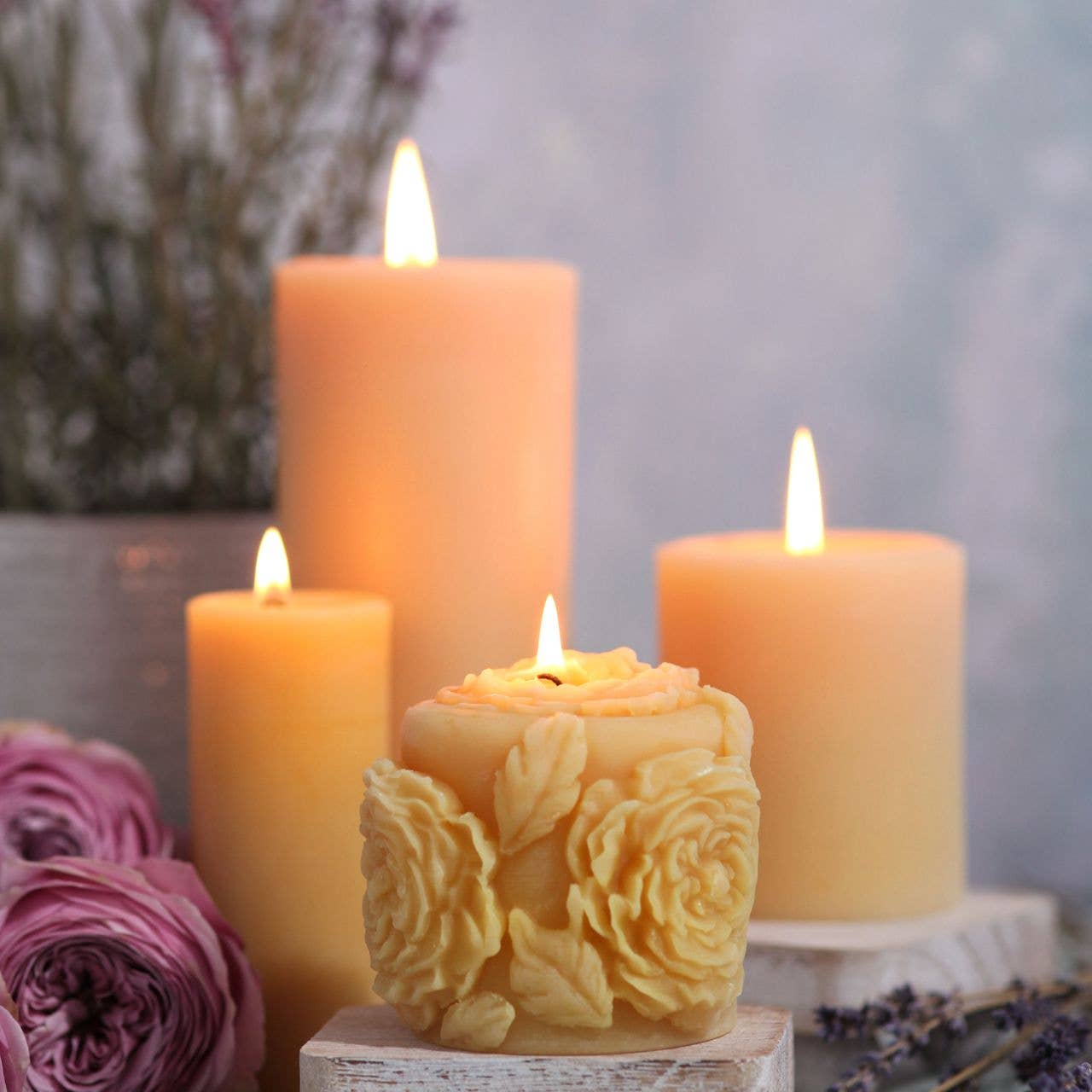Rose Blossom Pillar Candle – 100% Pure Beeswax – 45hr Burn