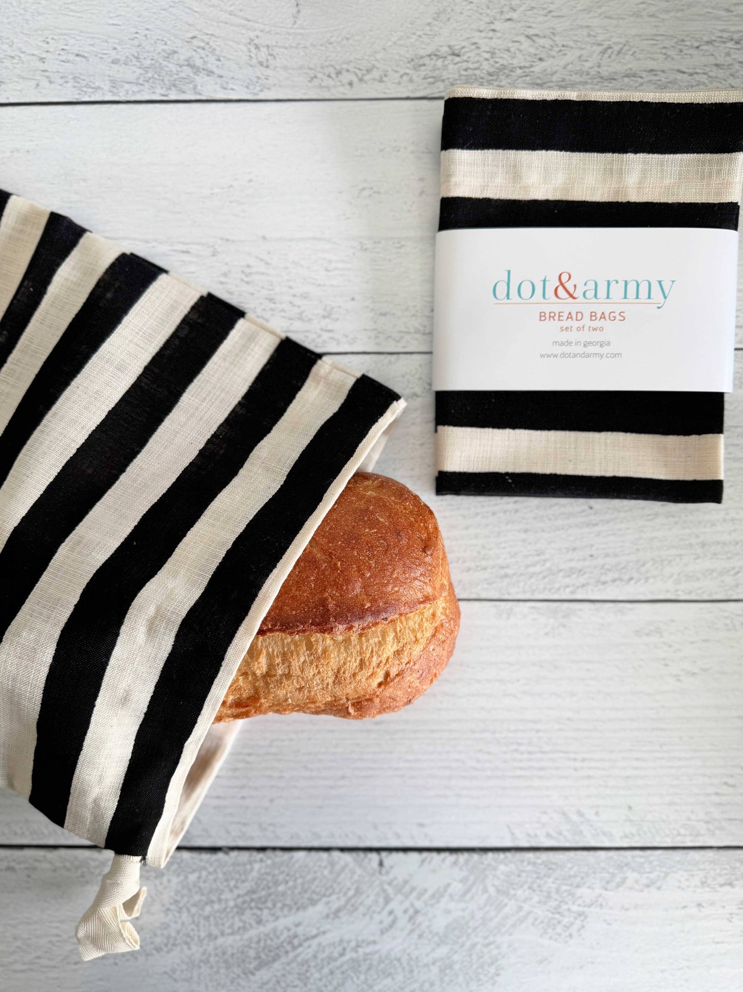 Black Stripe Linen Bread Bags, set of two