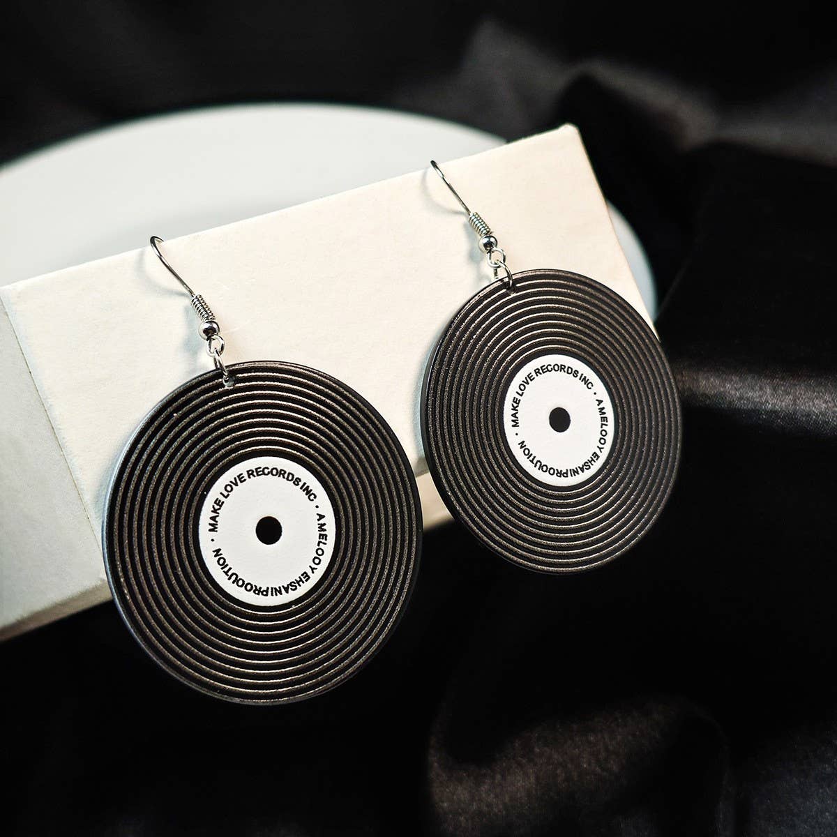 Record Earrings White or Black