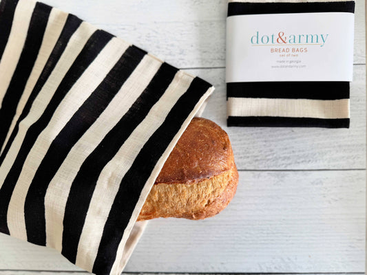 Black Stripe Linen Bread Bags, set of two