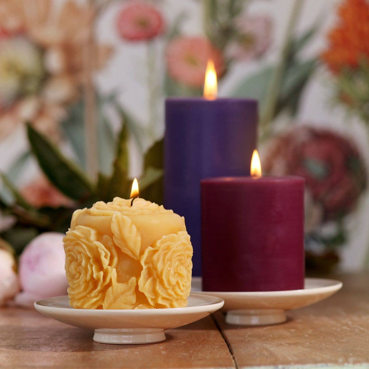 Rose Blossom Pillar Candle – 100% Pure Beeswax – 45hr Burn