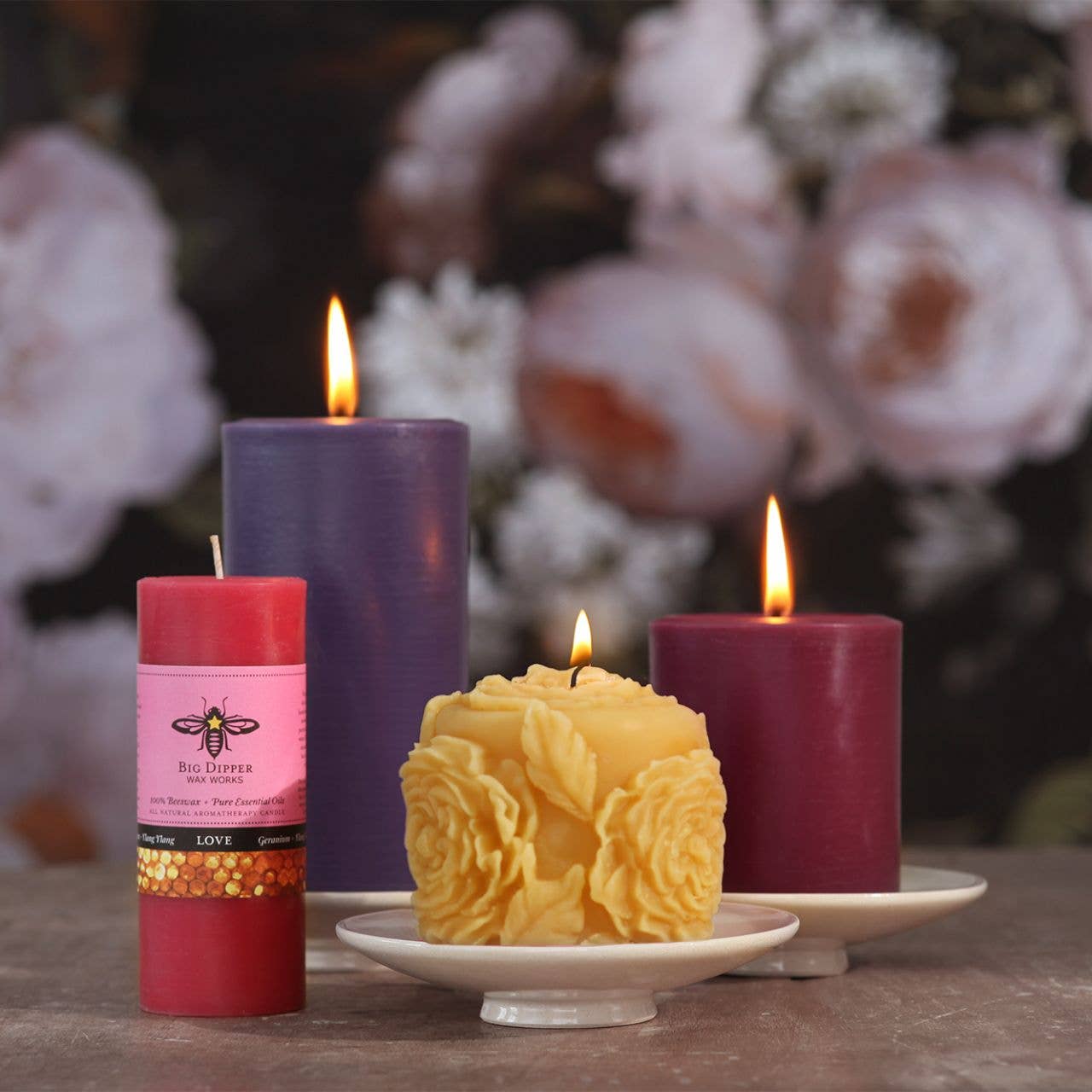 Rose Blossom Pillar Candle – 100% Pure Beeswax – 45hr Burn